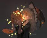  1girl bangs black_shirt blonde_hair demizu_posuka fangs floating food frilled_hat frills glowing grey_background hat hat_feather holding holding_food holding_pumpkin holding_vegetable jack-o&#039;-lantern lace-trimmed_shirt lace_trim long_hair open_mouth orange_eyes original pie pumpkin shirt solo spoon upper_body vegetable witch_hat 