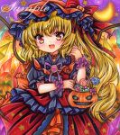 1girl :d alternate_costume bangs basket black_dress blonde_hair brooch candy cowboy_shot crescent_moon dress fang flandre_scarlet food frills halloween hand_up hat hat_ribbon holding holding_basket jack-o&#039;-lantern jewelry lollipop long_hair looking_at_viewer marker_(medium) mob_cap moon neck_ribbon one_side_up open_mouth orange_headwear puffy_short_sleeves puffy_sleeves purple_background purple_ribbon red_dress red_eyes red_ribbon ribbon rui_(sugar3) sample_watermark short_sleeves skirt smile solo standing star_(symbol) touhou traditional_media wings wrist_cuffs 