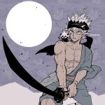  asta_(black_clover) black_clover black_headband demon full_moon headband holding holding_sword holding_weapon katana moon ogipiyo sitting_on_shoulder sword weapon 