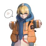  1girl anger_vein animification apex_legends bangs blonde_hair blue_eyes blue_gloves blue_headwear blue_sweater bodysuit cable chinese_commentary frown gloves highres hood hood_down hooded_jacket jacket orange_jacket procreate_(medium) ribbed_sweater scar scar_on_cheek scar_on_face shengdiyu solo speech_bubble spoken_anger_vein sweater upper_body v-shaped_eyebrows wattson_(apex_legends) white_bodysuit 