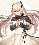  1girl :d arknights bangs blonde_hair brown_eyes cowboy_shot dress grin hair_between_eyes highres horns jewelry long_hair long_sleeves looking_at_viewer multiple_rings own_hands_clasped own_hands_together oxy_ho2 parted_lips ring smile solo theresa_(arknights) very_long_hair white_dress 