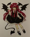  1girl bat_wings black_dress black_footwear collared_shirt commentary demon_tail dress frilled_dress frills full_body furiba_794 hand_up head_wings highres koakuma long_hair long_sleeves marker_(medium) mary_janes necktie open_mouth photoshop_(medium) pointy_ears red_eyes red_necktie redhead shirt shoes smile socks solo tail touhou traditional_media white_shirt white_socks wings 