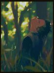  1boy animal bangs black_hair blurry border bug butterfly butterfly_on_nose dated day depth_of_field from_side grass highres japanese_clothes kimetsu_no_yaiba long_sleeves looking_away looking_up male_focus nature odd7qjxrjtueldt on_ground outdoors profile shinazugawa_genya sitting solo undercut upper_body 