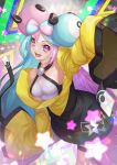  1girl aqua_hair arm_up armpits asymmetrical_legwear bangs bare_shoulders black_jacket bow-shaped_hair breasts character_hair_ornament grey_shirt hair_ornament iono_(pokemon) jacket large_breasts long_sleeves looking_at_viewer magnemite mismatched_legwear multicolored_clothes multicolored_hair multicolored_jacket open_mouth oversized_clothes pink_hair pokemon pokemon_(creature) pokemon_(game) pokemon_sv sharp_teeth shirt sleeveless sleeveless_shirt sleeves_past_fingers sleeves_past_wrists smile solo split-color_hair star_(symbol) take_tw01 teeth thigh_strap tongue two-tone_hair two-tone_jacket very_long_sleeves violet_eyes wide_sleeves x yellow_jacket 
