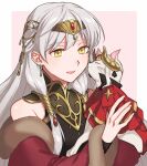  2girls absurdres animal animal_ears bangs bare_shoulders breasts cape cat commission detached_sleeves dress earrings edelgard_von_hresvelg fingerless_gloves fire_emblem fire_emblem:_radiant_dawn fire_emblem:_three_houses gloves hair_ornament highres horn_ornament horns jewelry long_hair long_sleeves micaiah_(fire_emblem) multiple_girls open_mouth peach11_01 red_cape second-party_source sidelocks sleeveless sleeveless_dress smile turtleneck_dress white_hair yellow_eyes 