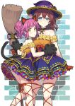  2girls ahoge animal_ears animal_hands aqua_eyes ass back back_bow bangs bat_ornament black_gloves blue_skirt blunt_bangs body_freckles bow breasts brick_wall broom brown_hair cat_ears cat_paws cat_tail choker chu_kai_man commentary dot_nose earrings emma_verde expressionless fake_animal_ears fake_tail freckles frilled_shirt frilled_skirt frills gloves halloween hat holding holding_broom jewelry large_breasts leg_ribbon legs looking_at_viewer love_live! love_live!_nijigasaki_high_school_idol_club medium_hair multicolored_clothes multicolored_skirt multiple_girls orange_shirt pink_hair purple_headwear red_bow red_gloves ribbon shirt short_hair skirt small_breasts smile strapless strapless_shirt symbol-only_commentary tail tennouji_rina thigh_ribbon thighs transparent_background twintails wavy_hair witch_hat yellow_bow yellow_eyes 