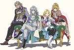  2boys 2girls black_suit blonde_hair blue_eyes boots braid braided_ponytail cape coat_of_arms dark-skinned_male dark_skin dual_persona formal green_eyes high_heel_boots high_heels indesign juliet_sleeves long_hair long_sleeves messy_hair multiple_boys multiple_girls protagonist_(romancing_saga_2) puffy_sleeves romancing_saga_2 saga suit the_final_emperor the_final_empress thigh_boots white_hair white_suit 