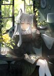 1girl animal_ear_fluff animal_ears arknights black_dress book chinese_commentary closed_mouth commentary cup drawer dress feet_out_of_frame flower grey_hair hair_flower hair_ornament hand_up heavyrain_(arknights) heavyrain_(tranquil_moss)_(arknights) holding holding_cup indoors lampshade leaf letter long_hair long_sleeves looking_at_viewer mirror official_alternate_costume open_book open_window pink_eyes plant potted_plant sitting solo suitcase table teacup tree vase wax_seal white_flower window yellow_flower yeziduanduan zebra_ears 