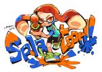  1girl bike_shorts copyright_name full_body holding hounori inkling inkling_girl long_hair looking_at_viewer orange_hair pointy_ears shirt shoes shorts sleeveless sleeveless_shirt smile solo splatoon_(series) tentacle_hair weapon white_background 