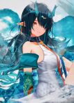 1girl absurdres arknights artist_name black_hair blue_hair blue_skin china_dress chinese_clothes closed_mouth colored_skin dragon_horns dress dusk_(arknights) floating_hair from_side hair_over_one_eye highres horns long_hair looking_at_viewer looking_to_the_side multicolored_hair necktie red_eyes red_necktie sannen_(wuuk5423) single_bare_shoulder sleeveless sleeveless_dress smile solo streaked_hair upper_body white_dress 