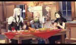  1girl 3boys ? apron armor bangs black_hair black_jacket black_shirt blonde_hair blue_eyes blue_pants blue_shirt blush bowl breasts brown_dress chest_strap claudia_strife closed_eyes cloud_strife cup dining_room dress drinking_glass eating feet_out_of_frame final_fantasy final_fantasy_vii final_fantasy_vii_remake green_scarf grey_hair hair_between_eyes hair_slicked_back happy highres holding holding_spoon holding_towel indoors jacket kitchen knee_pads loaf_of_bread long_bangs long_hair long_jacket long_sleeves medium_breasts mother_and_son multiple_boys open_mouth pants plate ponytail puffy_long_sleeves puffy_sleeves red_wine refrigerator salad scar scar_on_cheek scar_on_face scarf sephiroth shi3ashi3a shirt short_hair shoulder_armor sink sitting sleeveless sleeveless_turtleneck smile spiky_hair spoken_question_mark spoon suspenders table thought_bubble towel turtleneck white_apron window wine_glass zack_fair 