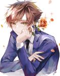  1boy absurdres bangs black_necktie blazer brown_hair collared_shirt crossed_arms diffraction_spikes falling_petals flower hand_on_own_face highres hitachiin_kaoru holding holding_flower jacket light_blush long_sleeves looking_at_viewer male_focus necktie orange_flower orange_rose ouran_high_school_host_club ouran_high_school_uniform petals purple_jacket purple_necktie rose school_uniform shirt short_hair simple_background solo swept_bangs two-tone_necktie u-sama_(u_summer0719) upper_body white_background white_shirt yellow_eyes 