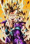  1boy angry battle_damage blonde_hair clenched_hands debris dragon_ball dragon_ball_z electricity green_eyes highres looking_at_viewer male_focus multiple_views open_mouth son_gohan spiky_hair super_saiyan super_saiyan_1 super_saiyan_2 tears torn_clothes transformation youngjijii 