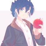  1boy 2y_(tsuyu) apple blue_eyes blue_hair collared_shirt crossbone_gundam food fruit grey_background gundam hair_between_eyes holding holding_food holding_fruit kincade_nau male_focus one_eye_closed shirt smile solo white_shirt 