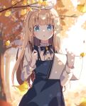  1girl autumn bangs blonde_hair blue_bow blue_bowtie blue_dress blue_eyes blunt_bangs blurry blurry_background blush bow bowtie center_frills commentary dot_nose dress frills ginkgo_leaf hair_bow highres holding holding_pencil holding_sketchbook leaf long_hair long_sleeves looking_at_viewer open_mouth original outdoors parted_lips pencil pinafore_dress shirt sketchbook tree upper_body white_bow white_shirt zoirun 