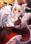 1girl animal_ear_fluff animal_ears bangs bare_shoulders black_skirt breasts closed_mouth highres holding holding_sword holding_weapon inubashiri_momiji looking_at_viewer miy@ navel pom_pom_(clothes) red_eyes shirt short_hair skirt solo sword tail touhou weapon white_hair white_shirt white_sleeves wolf_ears wolf_girl wolf_tail 