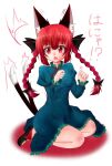  1girl animal_ears braid cat_ears chestnut_mouth dress full_body hands_up kaenbyou_rin leon_no_neko multiple_tails nekomata paw_pose red_eyes redhead seiza simple_background sitting solo tail touhou twin_braids two_tails white_background 