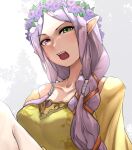 1girl collarbone dress fire_emblem fire_emblem:_the_binding_blade fire_emblem_heroes green_eyes head_wreath heterochromia idunn_(fire_emblem) light_persona long_hair looking_at_viewer looking_down official_alternate_costume official_alternate_hairstyle open_mouth pointy_ears purple_hair simple_background solo tomodachi_(tomofanart) upper_body violet_eyes white_background yellow_dress 