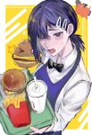  1girl ancoo_mm apron asymmetrical_hair bangs black_bow black_bowtie blue_apron blue_eyes blue_hair border bow bowtie burger chainsaw_man collared_shirt commentary crying crying_with_eyes_open cup disposable_cup drink drinking_straw food french_fries from_above frown hair_ornament hairclip higashiyama_kobeni highres holding holding_tray long_sleeves looking_at_viewer low_ponytail mole mole_under_eye open_mouth outside_border pochita_(chainsaw_man) shirt short_hair short_ponytail solo swept_bangs tears tray upper_body white_border white_shirt yellow_background 
