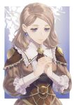  1girl ascot bodice border breasts brown_ascot brown_dress center_frills closed_mouth commentary_request dress earrings fire_emblem fire_emblem:_three_houses fire_emblem_warriors:_three_hopes frilled_dress frills isa_(peien516) jewelry light_brown_hair lips long_hair long_sleeves medium_breasts mercedes_von_martritz official_alternate_costume official_alternate_hairstyle outside_border own_hands_together smile solo violet_eyes white_border 