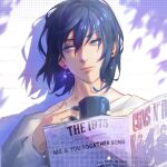  1boy bangs black_hair blue_eyes chainsaw_man coffee_mug cup ear_piercing earrings hair_between_eyes hayakawa_aki highres holding holding_cup holding_newspaper jewelry kozzz_y looking_to_the_side medium_hair mug newspaper piercing simple_background single_earring solo sweater white_background white_sweater 