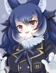  1girl animal_costume animal_ear_fluff animal_ears armband blazer blue_hair dire_wolf_(kemono_friends) extra_ears gloves grey_eyes hata_(user_ehfr2334) highres jacket kemono_friends kemono_friends_v_project long_hair looking_at_viewer microphone ribbon scarf simple_background solo twintails virtual_youtuber wolf_costume wolf_ears wolf_girl 