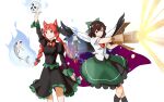 2girls :3 absurdres animal_ears arm_cannon arm_up bow braid cape cat_ears cclbzxiaoming dress fang green_bow green_dress green_skirt hair_bow highres kaenbyou_rin long_hair multiple_girls red_eyes redhead reiuji_utsuho skeleton skin_fang skirt skull third_eye touhou twin_braids weapon white_cape wings