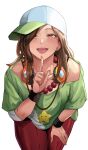  1girl brown_hair daraz gaen_izuko green_shirt hat headphones headphones_around_neck highres jewelry long_hair monogatari_(series) necklace open_mouth pants red_pants shirt solo star_(symbol) white_background yellow_eyes 