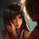  1boy 1girl absurdres bare_shoulders black_hair blonde_hair caress cloud_strife earrings final_fantasy final_fantasy_vii final_fantasy_vii_remake hand_on_another&#039;s_face highres jewelry lips long_hair looking_at_another red_eyes safaiaart smile spiky_hair tank_top tifa_lockhart upper_body white_tank_top 