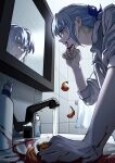  1boy blood blood_on_face blood_on_hands blue_eyes blue_hair blue_ribbon earrings hair_ribbon highres jewelry khun_aguero_agnis looking_at_mirror mirror pale_skin ribbon single_earring sink solo tower_of_god zayaaa_zaya 