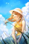  1girl absurdres akechin animification bangs between_legs breasts brown_eyes clouds english_commentary exy_(wjsn) grass hand_between_legs hat highres k-pop light_smile looking_ahead medium_breasts orange_hair parted_bangs real_life sitting sky smile solo sun_hat tank_top white_headwear wjsn yellow_tank_top 