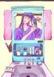  1girl absurdres barrett bottle clock comb cup eizouken_ni_wa_te_wo_dasu_na! eyewear_removed freckles hairband highres indoors kanamori_sayaka long_hair matsu_ada mirror mug razor sink solo spray_bottle toothbrush upper_body 