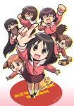  3cho 6+girls azumanga_daioh azumanga_daioh&#039;s_school_uniform black_hair brown_eyes brown_hair cat cheering chiyo_chichi closed_eyes english_text falling glasses gradient gradient_background jacket kagura_(azumanga_daioh) kasuga_ayumu logo long_hair long_sleeves mayaa mihama_chiyo miniskirt mizuhara_koyomi multiple_girls open_mouth pointing red_jacket red_skirt sakaki school_uniform short_hair skirt smile takino_tomo tan teeth twintails twitter_username very_long_hair white_background 