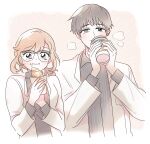  1boy 1girl blush breasts brown_hair character_request closed_mouth coffee_cup commentary croissant cup disposable_cup eating eoduun_badaui_deungbul-i_doeeo food glasses grey_eyes grey_hair grey_shirt holding holding_cup holding_food jacket long_hair long_sleeves looking_at_viewer rql2020 shirt short_hair simple_background striped striped_shirt symbol-only_commentary upper_body vertical-striped_shirt vertical_stripes white_background white_jacket 