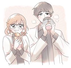  1boy 1girl blush breasts brown_hair character_request closed_mouth coffee_cup commentary croissant cup disposable_cup eating eoduun_badaui_deungbul-i_doeeo food glasses grey_eyes grey_hair grey_shirt holding holding_cup holding_food jacket long_hair long_sleeves looking_at_viewer rql2020 shirt short_hair simple_background striped striped_shirt symbol-only_commentary upper_body vertical-striped_shirt vertical_stripes white_background white_jacket 