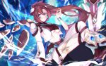  1girl altheavin armor blue_eyes bracelet breasts closed_mouth crossed_legs fingerless_gloves floating_hair gloves greaves highres jacket jewelry labyrista long_hair looking_at_viewer midriff navel ponytail princess_connect! redhead shoulder_armor sitting smile solo sword under_boob weapon 