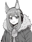  1girl animal_ear_fluff animal_ears arknights bokiboki333 fur-trimmed_jacket fur_trim greyscale headphones highres jacket jewelry long_hair long_sleeves looking_at_viewer monochrome necklace open_clothes open_jacket pearl_necklace ratatos_browntail_(arknights) shirt simple_background solo squirrel_ears squirrel_girl thick_eyebrows upper_body white_background 