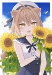  1girl ahoge animal_ears beret bow brown_hair dress fangs flower hat highres holding holding_flower indie_virtual_youtuber lion_ears lion_tail mizuki_(s0511) petals rurudo_lion sleeveless sleeveless_dress sunflower tail wrist_cuffs yellow_eyes 