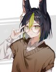  1boy alternate_costume animal_ear_fluff animal_ears arm_up bangs black_hair brown_vest buttons closed_mouth collared_shirt earrings fingernails fox_ears genshin_impact glasses gold green_eyes green_hair grey_background hair_between_eyes hand_up highres jewelry leaf long_fingernails long_sleeves looking_at_viewer multicolored_hair puffy_long_sleeves puffy_sleeves shirt simple_background single_earring smile solo standing tighnari_(genshin_impact) two-tone_hair vest white_background white_shirt yozi_8 