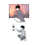  1boy 220521sea bangs black_hair character_request closed_mouth eoduun_badaui_deungbul-i_doeeo grey_pants grey_shirt hair_between_eyes highres indian_style korean_commentary korean_text lantern long_sleeves looking_at_viewer male_focus outstretched_arm pants shirt shoes short_hair shorts simple_background sitting smile star_(sky) sunset white_background white_footwear 
