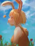  1girl absurdres animal_ears blonde_hair blue_sky blurry blurry_background blurry_foreground breasts bug butterfly carrot_(one_piece) clouds cloudy_sky dress flower from_side highres large_breasts machida_0906 one_piece rabbit_ears rabbit_girl red_eyes short_hair sky sleeveless smile solo upper_body 