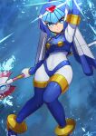  1girl android arm_up bangs blue_eyes blue_footwear blue_hair bodysuit boots breasts closed_mouth commentary_request covered_navel feet_out_of_frame grey_bodysuit hair_between_eyes high_heel_boots high_heels highres holding holding_polearm holding_weapon ice leviathan_(mega_man) mega_man_(series) mega_man_zero nanana_narang polearm small_breasts smile solo thigh_boots underwater water weapon 