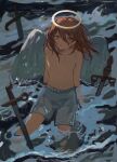 1boy 846873514 absurdres angel_devil_(chainsaw_man) angel_wings arm_support bangs blue_shorts brown_eyes brown_hair chainsaw_man collarbone expressionless feathered_wings feet_out_of_frame from_above hair_between_eyes halo highres long_bangs looking_at_viewer looking_up male_focus medium_hair partially_submerged planted planted_sword shorts sitting solo sword topless_male water weapon wet wet_clothes wet_shorts wings 