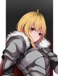  1girl absurdres armor blonde_hair breastplate highres hitozche hololive hololive_indonesia kaela_kovalskia knight medium_hair pauldrons red_eyes shoulder_armor solo virtual_youtuber 