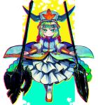  1girl anmita_(rarutos) closed_mouth commentary_request frilled_skirt frills green_eyes green_hair hat horns infinite_blade_pavilion japanese_clothes long_hair orange_footwear pantyhose skirt smile solo touhou twintails white_pantyhose white_skirt yasogami_shuu 