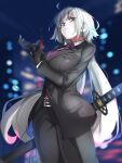  1girl adjusting_clothes adjusting_gloves ahoge belt breasts city fate/grand_order fate_(series) formal gloves grey_hair highres jeanne_d&#039;arc_alter_(fate) katana large_breasts long_hair looking_at_viewer necktie pale_skin ri_o_ne_su serious sheath solo suit sword very_long_hair weapon wide_hips yellow_eyes 