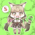  1girl animal_costume animal_ear_fluff animal_ears bare_shoulders belt bow bowtie cat_ears cat_girl cat_tail extra_ears fingerless_gloves gloves green_eyes grey_hair highres jungle_cat_(kemono_friends) kemono_friends kemono_friends_v_project kneehighs long_hair looking_at_viewer mav3ygpryecvfu2 multicolored_hair open_mouth ribbon scarf shirt shoes shrimp simple_background skirt smile socks solo tail twintails virtual_youtuber 