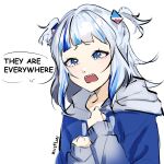  1girl absurdres among_us among_us_eyes_(meme) blue_hair choripan crying crying_with_eyes_open gawr_gura hair_ornament highres hololive hololive_english hood hooded_jacket jacket long_sleeves meme multicolored_hair sharp_teeth short_twintails sleeves_past_wrists solo streaked_hair tears teeth twintails upper_body upper_teeth white_background white_hair 