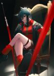  1girl 2022 animal_ear_fluff animal_ears arknights bangs black_hair chair closed_mouth crossed_legs fox_ears fox_girl gloves hand_on_own_cheek hand_on_own_face head_tilt highres kanzakimitoto looking_at_viewer official_alternate_costume red_eyes red_gloves shoes sitting socks solo texas_(arknights) texas_(willpower)_(arknights) thigh_strap 