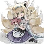  3girls animal_ear_fluff animal_ears arknights bangs bare_shoulders black_footwear blonde_hair blue_eyes blue_hairband blush_stickers braid chibi fox_ears fox_girl fox_tail green_eyes grey_hair hair_between_eyes hair_rings hairband highres kitsune looking_at_viewer minigirl multicolored_hair multiple_girls osakanadream pantyhose red_eyes redhead shamare_(arknights) shirt shoes sitting sussurro_(arknights) suzuran_(arknights) tail twin_braids two-tone_hair wariza white_background white_hair white_pantyhose white_shirt 